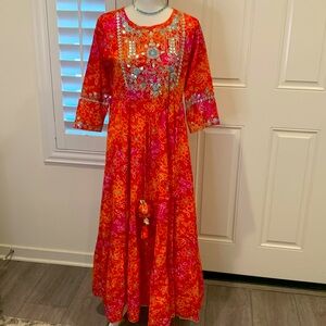 Indian cotton fit-n-flare embroidered maxi dress/kurta  valance red/orange M